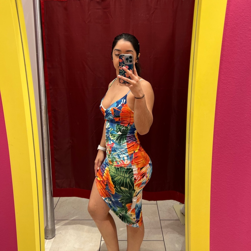 Tropical print mini bodycon split dress